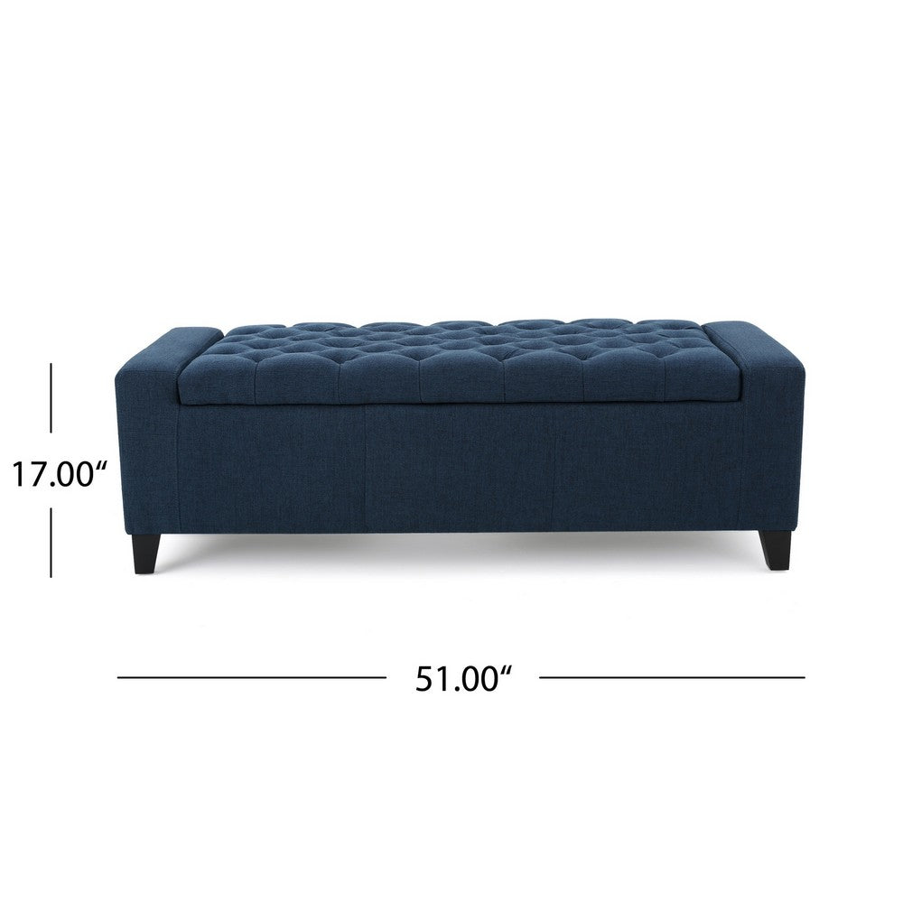 Benjara Storage Ottoman Bench, 51 Inch, Deep Button Tufted Dark Blue Fabric