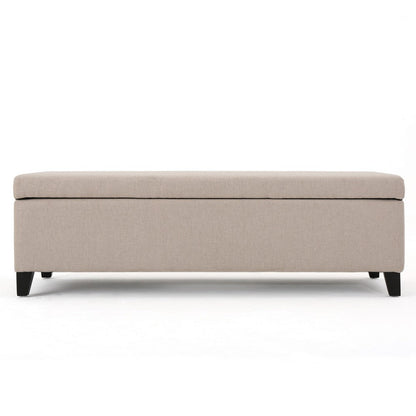 Benjara Storage Bench Ottoman, Ivory, 51 Inch Cushioned Seat, Birch Wood Legs