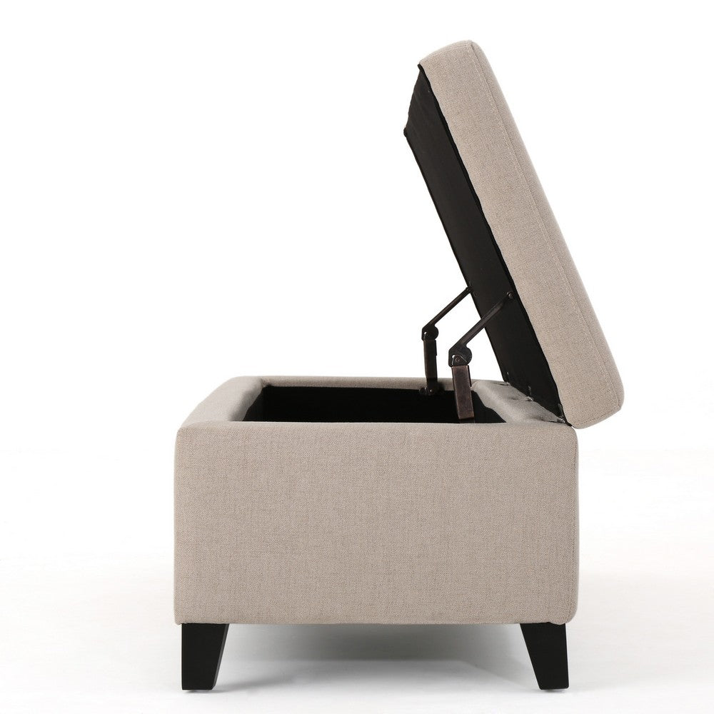 Benjara Storage Bench Ottoman, Ivory, 51 Inch Cushioned Seat, Birch Wood Legs