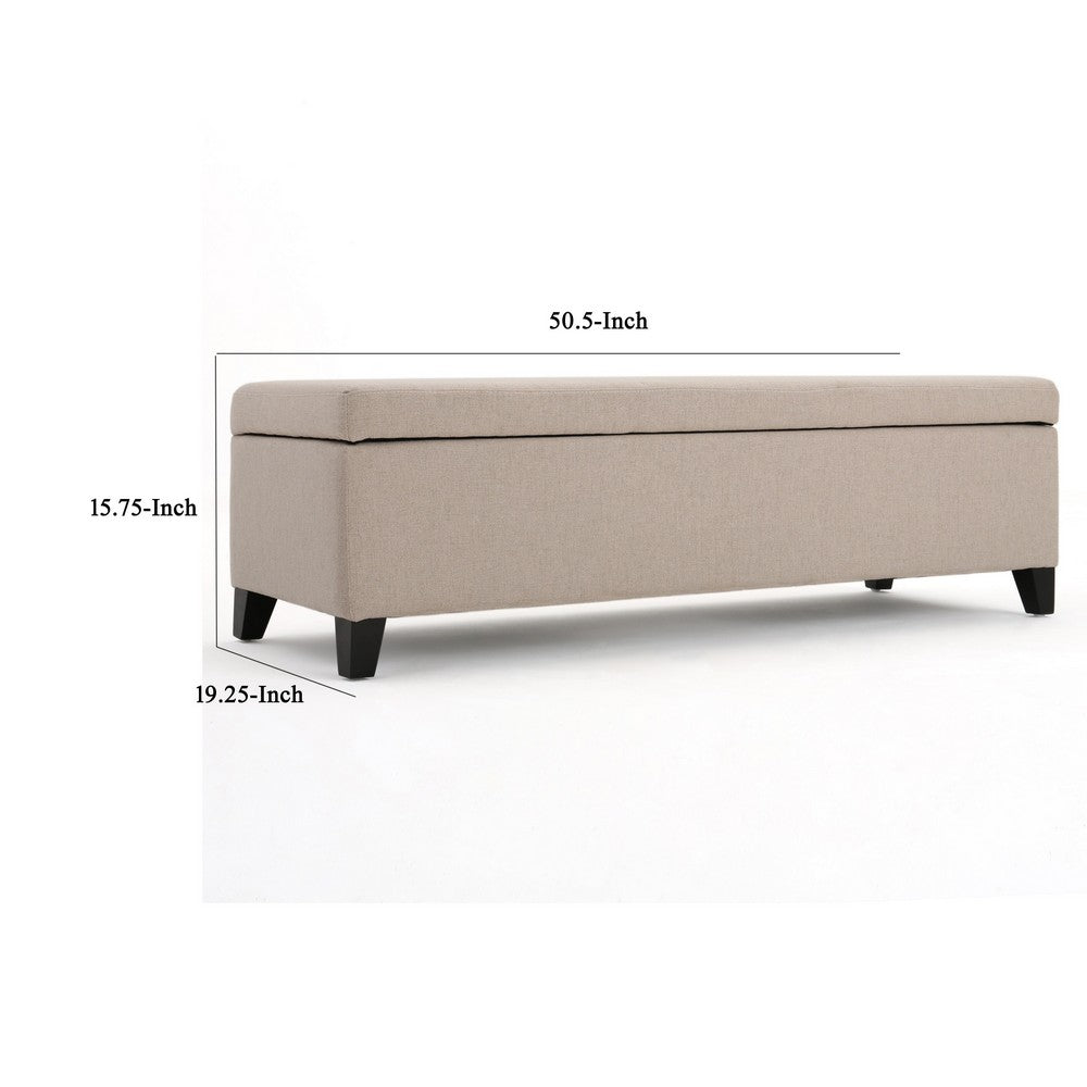 Benjara Storage Bench Ottoman, Ivory, 51 Inch Cushioned Seat, Birch Wood Legs