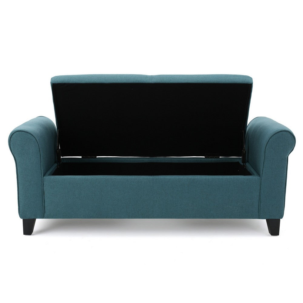 Benjara Shawn Storage Bench, 50 Inch, Rolled Arms, Solid Wood, Dark Teal Blue