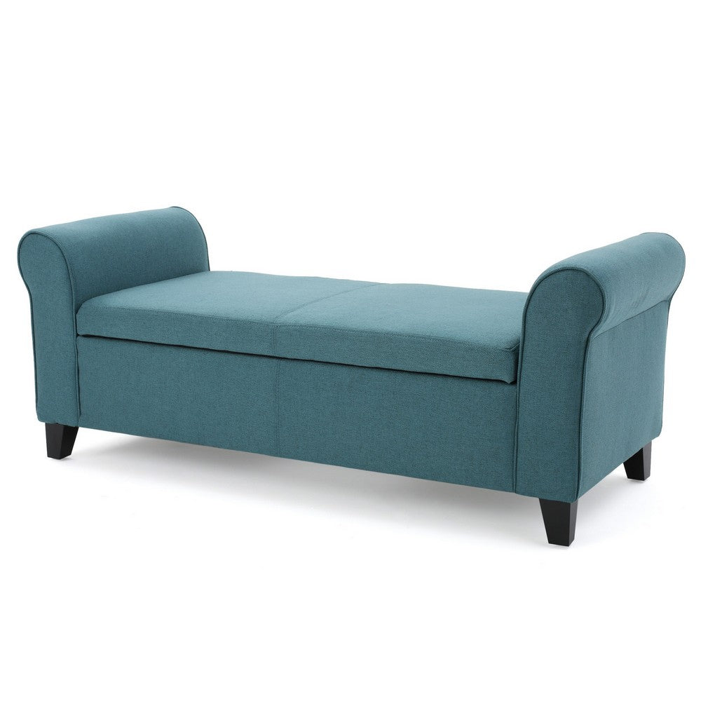 Benjara Shawn Storage Bench, 50 Inch, Rolled Arms, Solid Wood, Dark Teal Blue