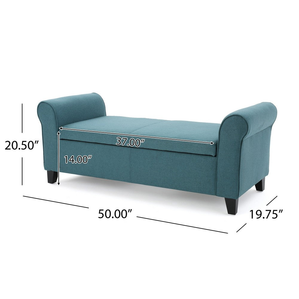 Benjara Shawn Storage Bench, 50 Inch, Rolled Arms, Solid Wood, Dark Teal Blue