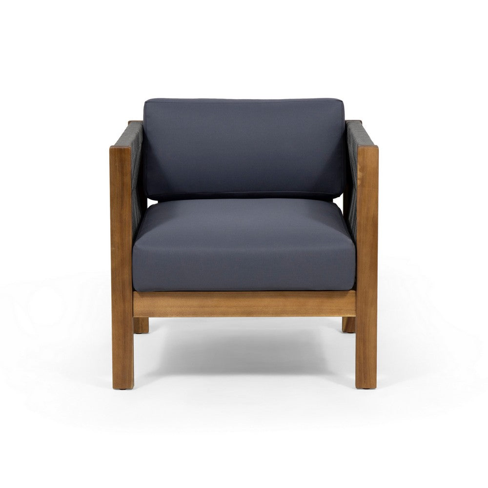 Benjara Outdoor Accent Chair Set of 2, Rope Weaving, Teak Brown Acacia Wood