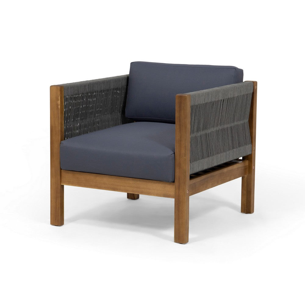 Benjara Outdoor Accent Chair Set of 2, Rope Weaving, Teak Brown Acacia Wood
