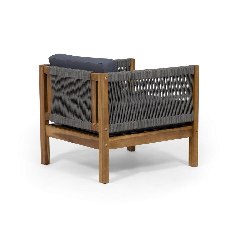 Benjara Outdoor Accent Chair Set of 2, Rope Weaving, Teak Brown Acacia Wood