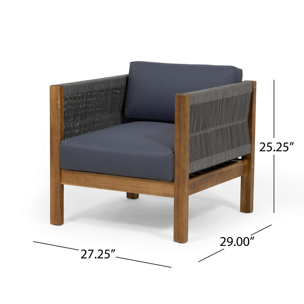 Benjara Outdoor Accent Chair Set of 2, Rope Weaving, Teak Brown Acacia Wood
