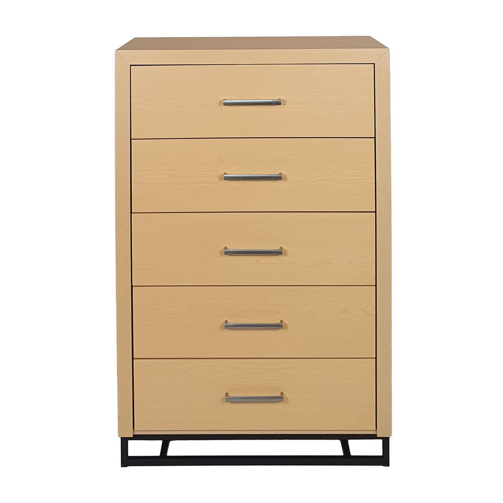 Benjara Tall Dresser Chest with 5 Drawers, Black Iron Base, Natural Brown Wood