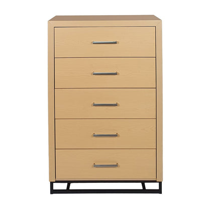 Benjara Tall Dresser Chest with 5 Drawers, Black Iron Base, Natural Brown Wood