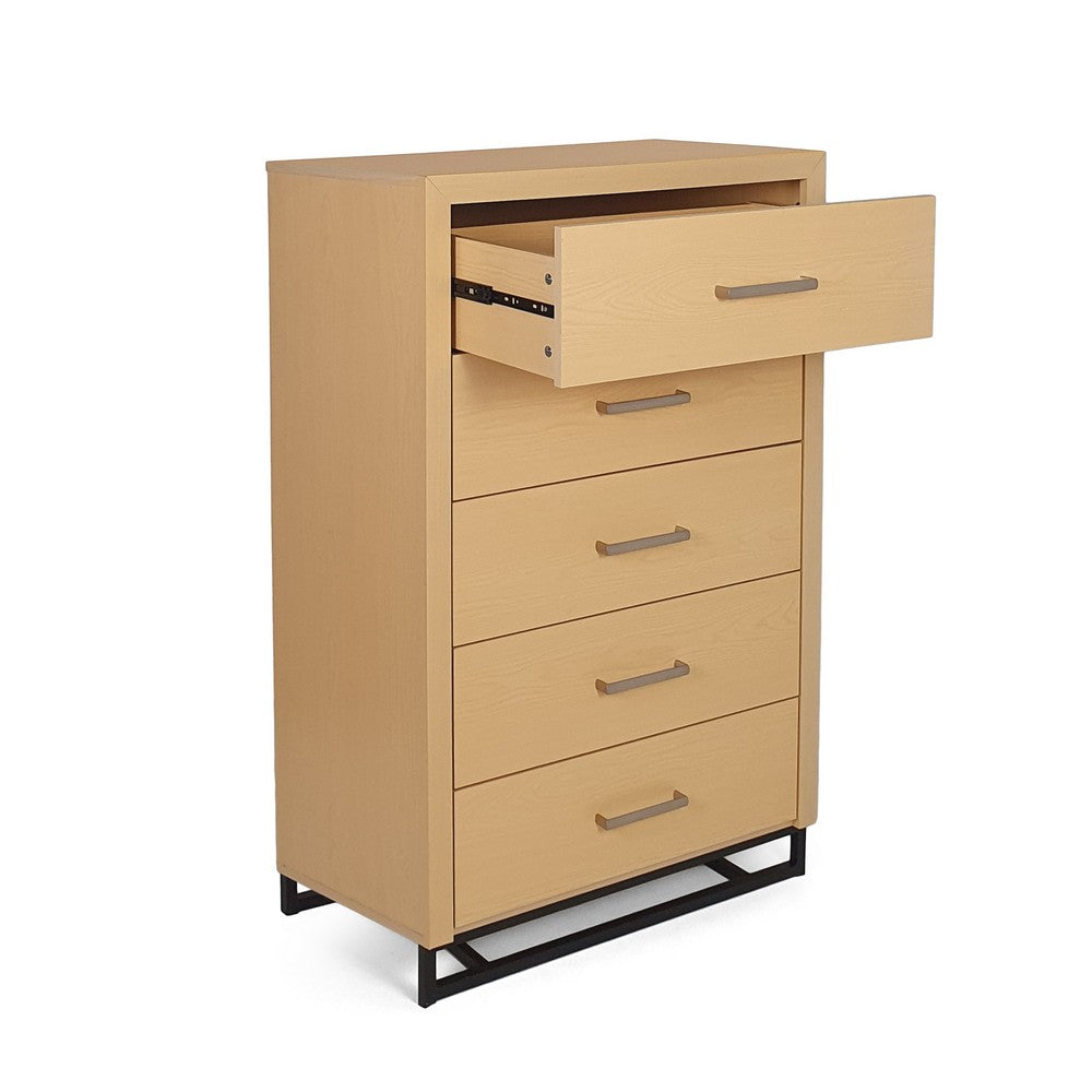 Benjara Tall Dresser Chest with 5 Drawers, Black Iron Base, Natural Brown Wood