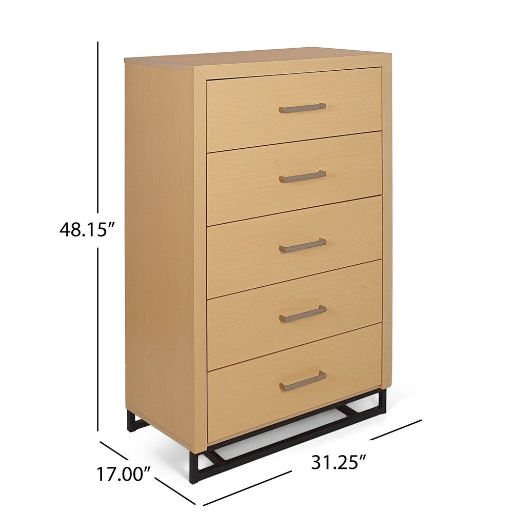 Benjara Tall Dresser Chest with 5 Drawers, Black Iron Base, Natural Brown Wood