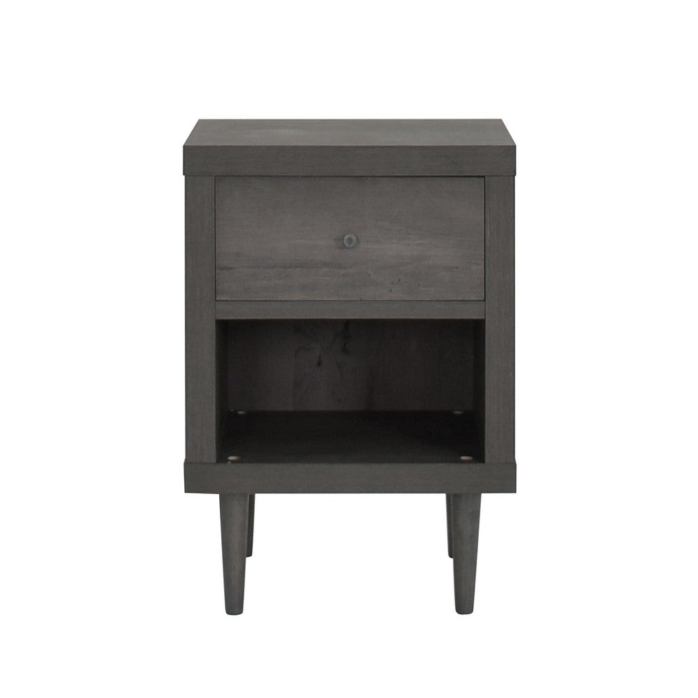 Benjara Minie Nightstand with 1 Drawer, Shelf, Rubberwood Legs, Modern Gray