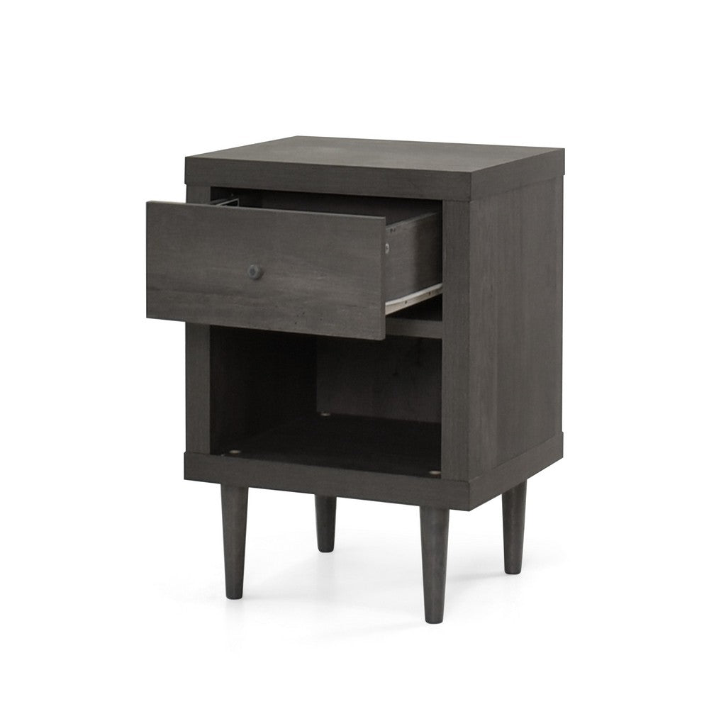 Benjara Minie Nightstand with 1 Drawer, Shelf, Rubberwood Legs, Modern Gray