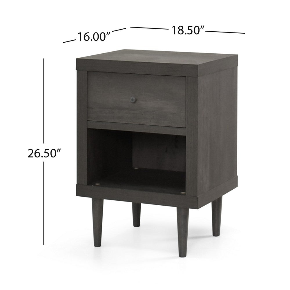 Benjara Minie Nightstand with 1 Drawer, Shelf, Rubberwood Legs, Modern Gray