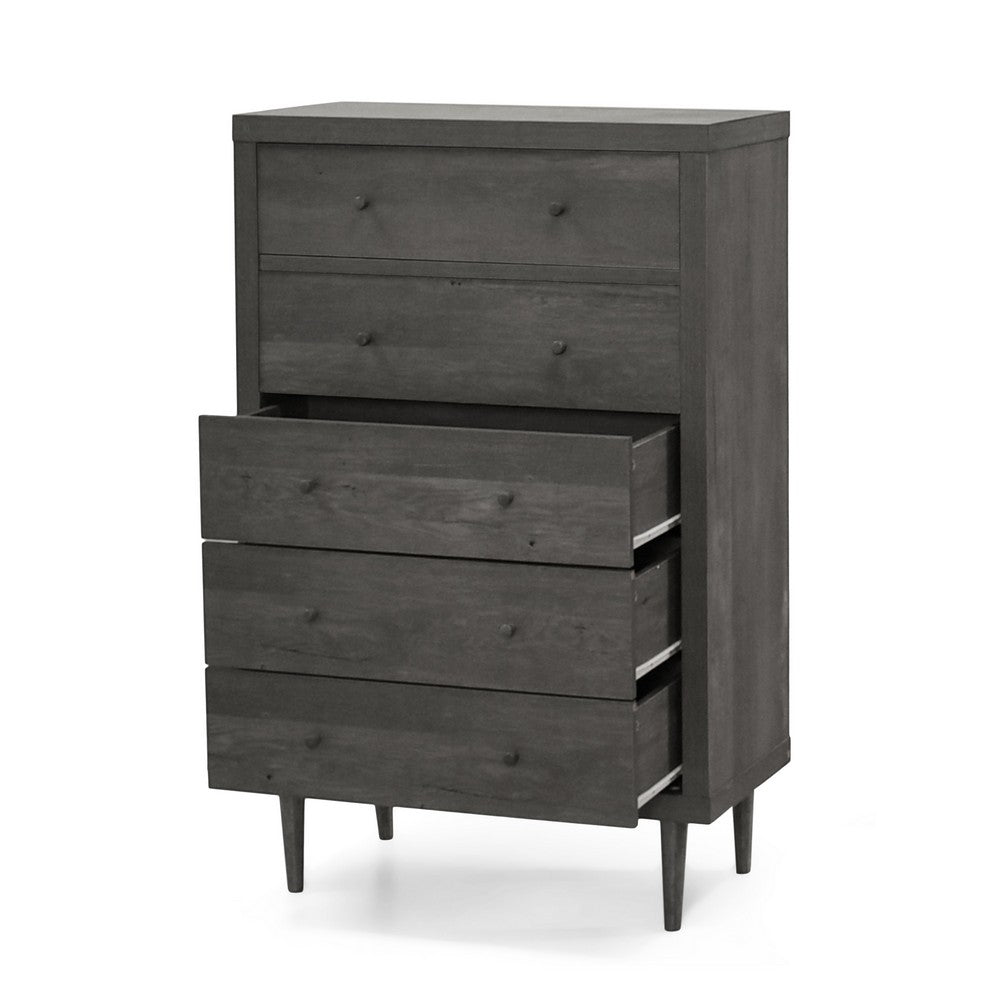 Benjara Minie Tall Dresser Chest, 5 Drawers, Rubberwood Legs, Modern Gray