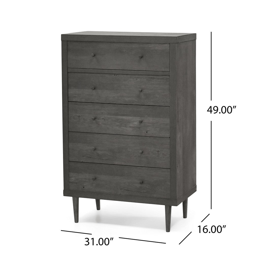 Benjara Minie Tall Dresser Chest, 5 Drawers, Rubberwood Legs, Modern Gray