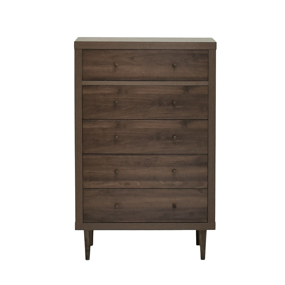 Benjara Minie Tall Dresser Chest, 5 Drawers, Rubberwood, Modern Walnut Brown