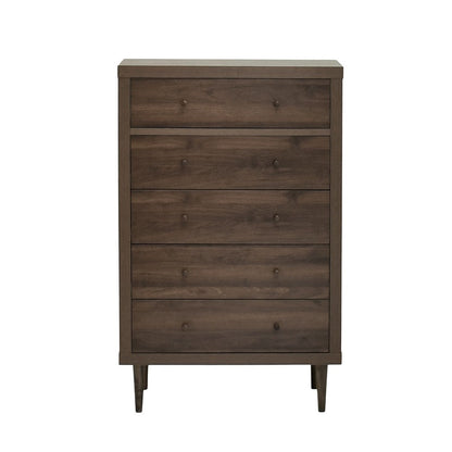 Benjara Minie Tall Dresser Chest, 5 Drawers, Rubberwood, Modern Walnut Brown