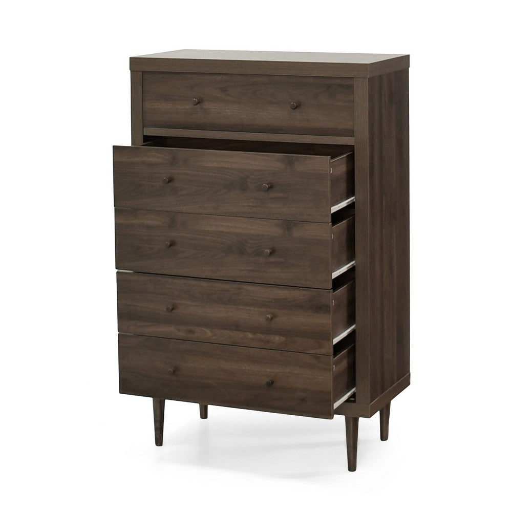 Benjara Minie Tall Dresser Chest, 5 Drawers, Rubberwood, Modern Walnut Brown