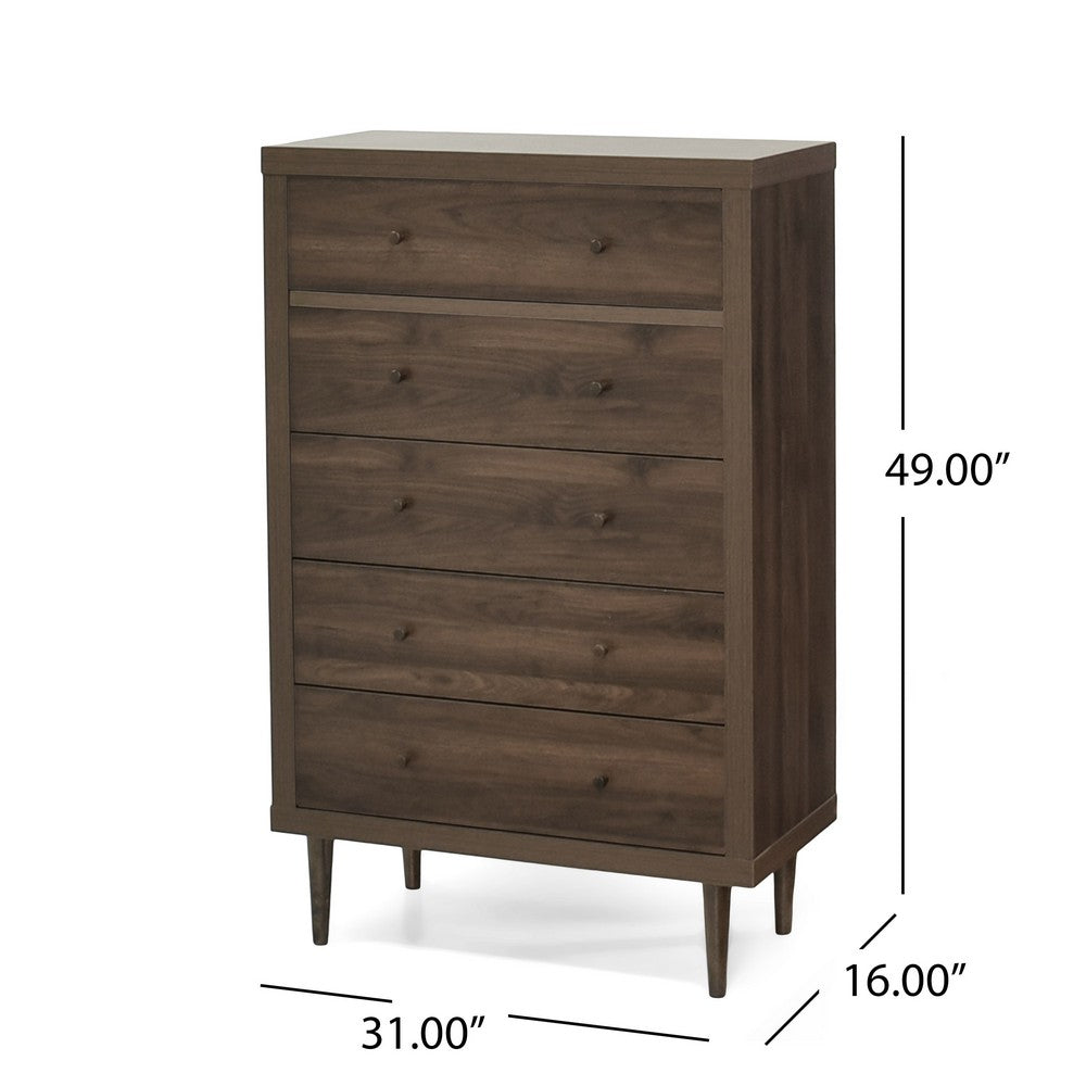 Benjara Minie Tall Dresser Chest, 5 Drawers, Rubberwood, Modern Walnut Brown