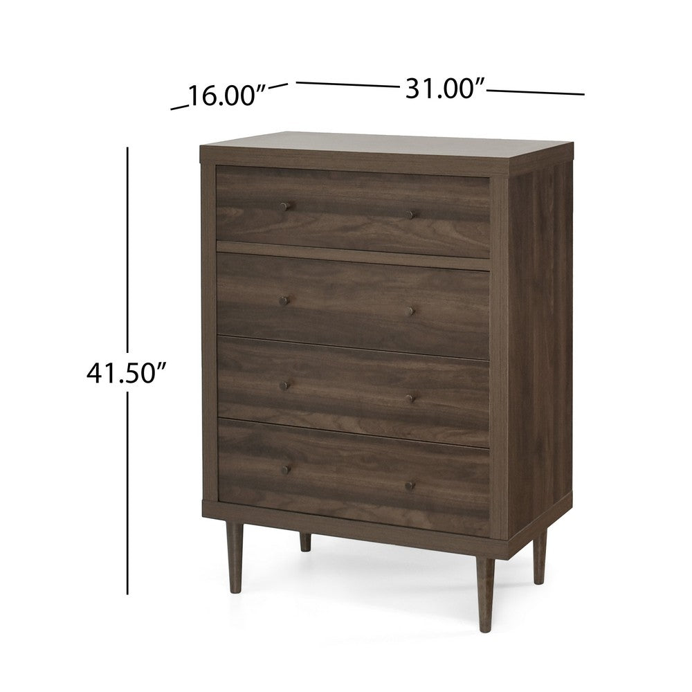 Benjara Minie Dresser Chest with 4 Drawers, Rubberwood Legs, Walnut Brown