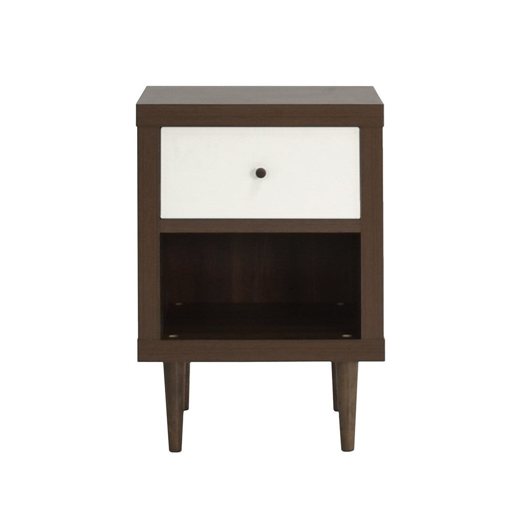 Benjara Minie Nightstand with 1 Drawer, Shelf, Modern White And Walnut Brown
