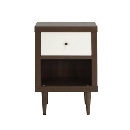 Benjara Minie Nightstand with 1 Drawer, Shelf, Modern White And Walnut Brown