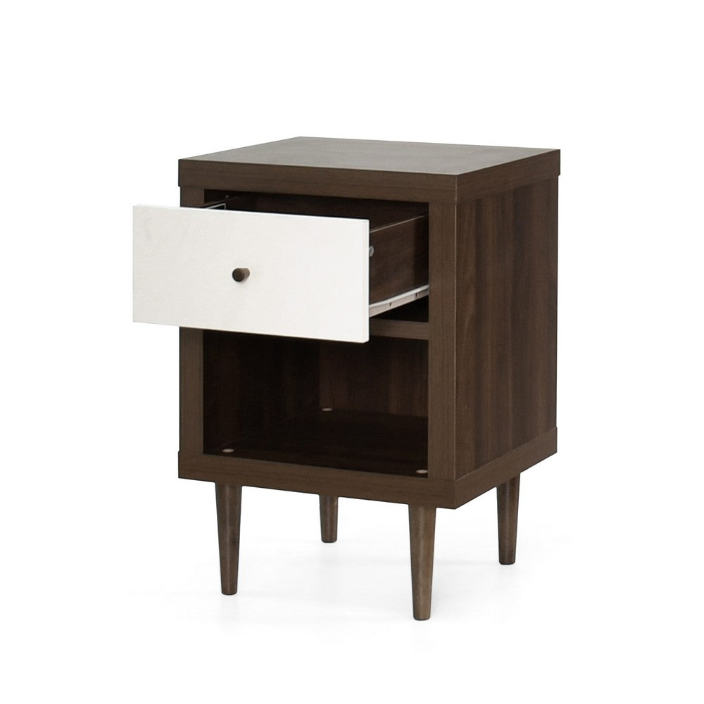 Benjara Minie Nightstand with 1 Drawer, Shelf, Modern White And Walnut Brown