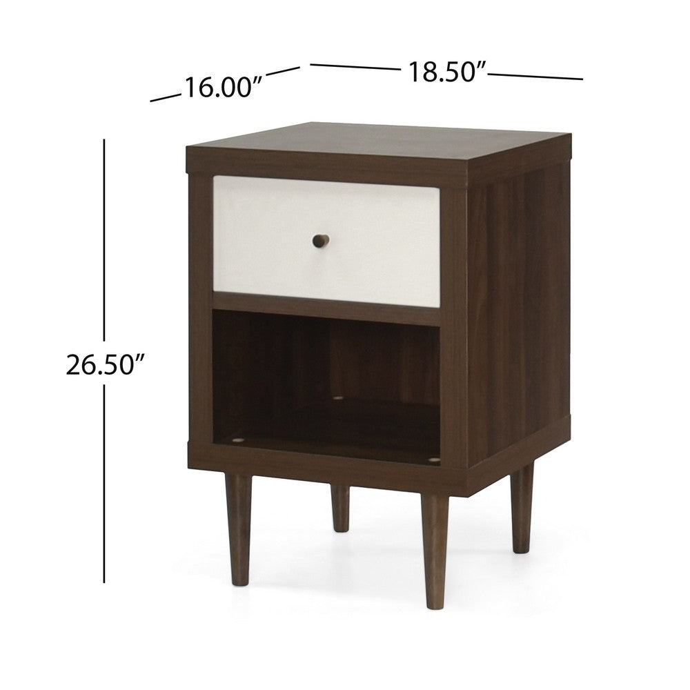 Benjara Minie Nightstand with 1 Drawer, Shelf, Modern White And Walnut Brown