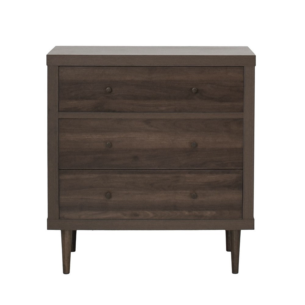 Benjara Minie Nightstand with 3 Drawers, Rubberwood Legs, Walnut Brown Wood