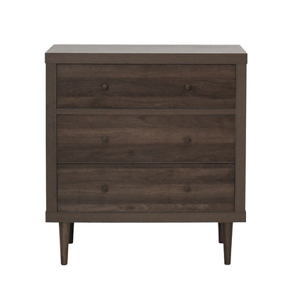 Benjara Minie Nightstand with 3 Drawers, Rubberwood Legs, Walnut Brown Wood