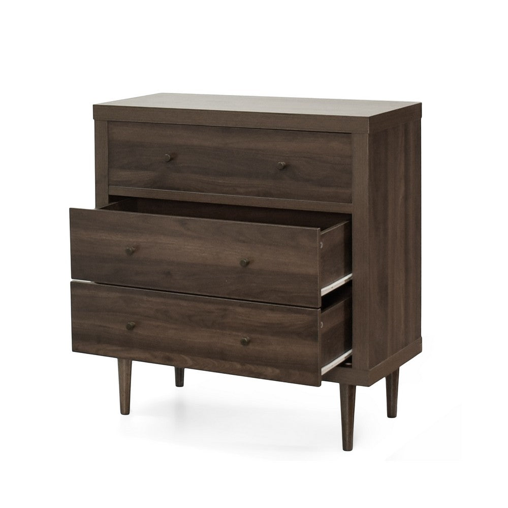 Benjara Minie Nightstand with 3 Drawers, Rubberwood Legs, Walnut Brown Wood