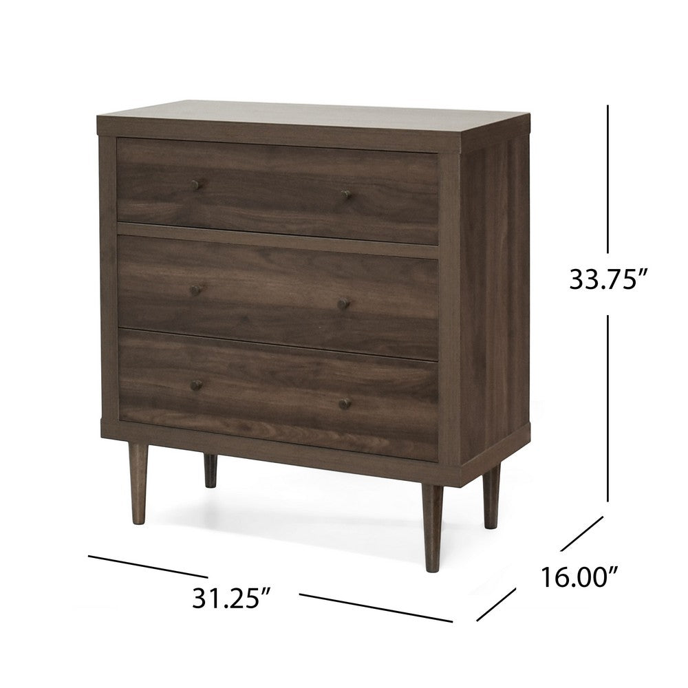 Benjara Minie Nightstand with 3 Drawers, Rubberwood Legs, Walnut Brown Wood