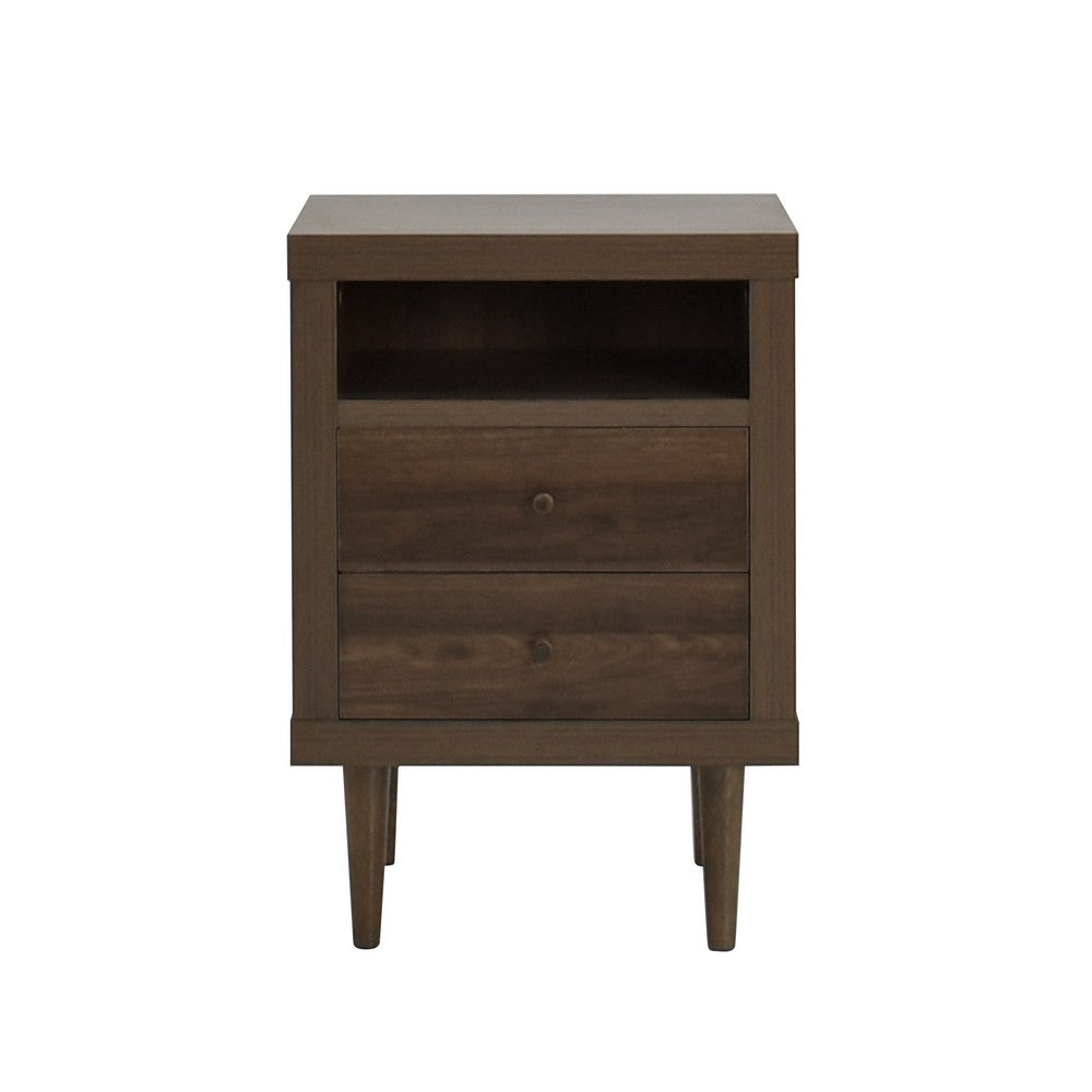Benjara Minie Nightstand with 2 Drawers, Shelf, Rubberwood Legs, Walnut Brown