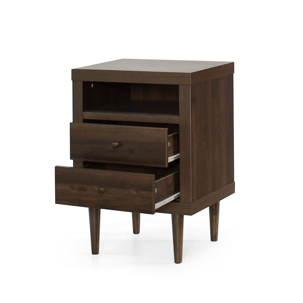 Benjara Minie Nightstand with 2 Drawers, Shelf, Rubberwood Legs, Walnut Brown