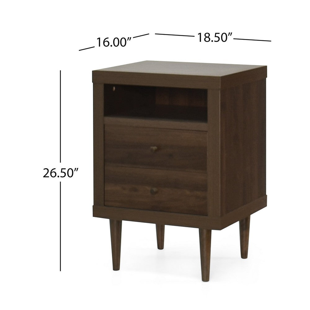 Benjara Minie Nightstand with 2 Drawers, Shelf, Rubberwood Legs, Walnut Brown