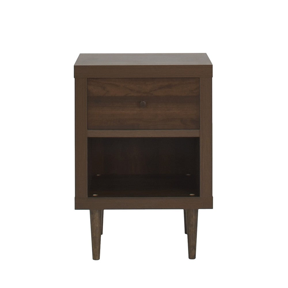 Benjara Minie Nightstand with 1 Drawer, Shelf, Rubberwood Legs, Walnut Brown