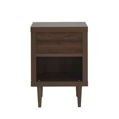 Benjara Minie Nightstand with 1 Drawer, Shelf, Rubberwood Legs, Walnut Brown