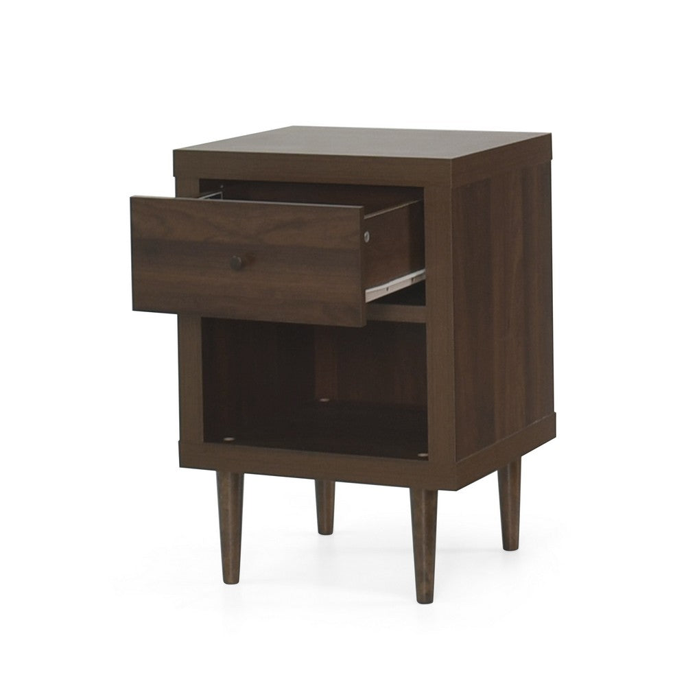 Benjara Minie Nightstand with 1 Drawer, Shelf, Rubberwood Legs, Walnut Brown