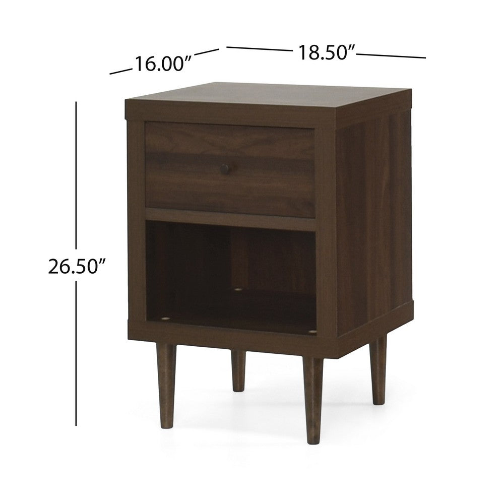 Benjara Minie Nightstand with 1 Drawer, Shelf, Rubberwood Legs, Walnut Brown