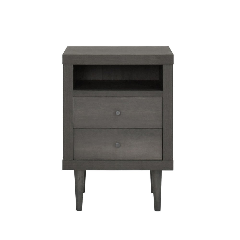Benjara Minie Nightstand with 2 Drawers, Shelf, Rubberwood Legs, Dark Gray