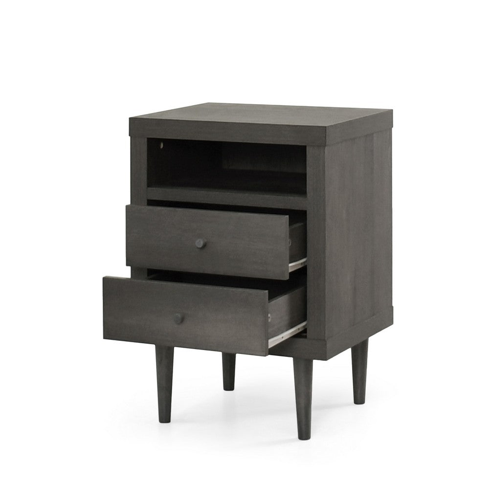 Benjara Minie Nightstand with 2 Drawers, Shelf, Rubberwood Legs, Dark Gray