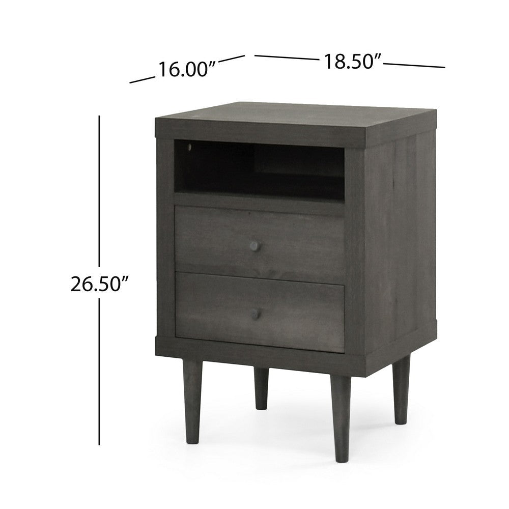 Benjara Minie Nightstand with 2 Drawers, Shelf, Rubberwood Legs, Dark Gray