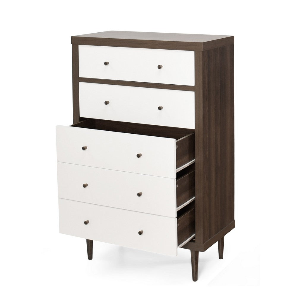 Benjara Minie Tall Dresser Chest, 4 Drawers, Rubberwood White, Walnut Brown