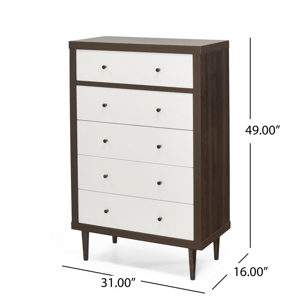 Benjara Minie Tall Dresser Chest, 4 Drawers, Rubberwood White, Walnut Brown