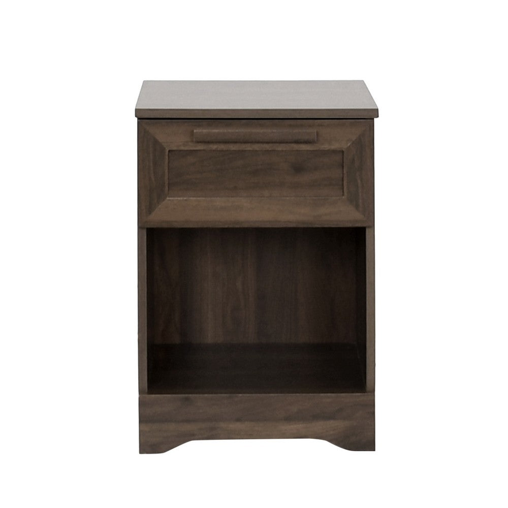 Benjara Vinie Nightstand with 1 Drawer And Open Shelf, Modern Walnut Brown