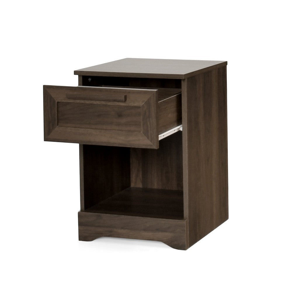 Benjara Vinie Nightstand with 1 Drawer And Open Shelf, Modern Walnut Brown