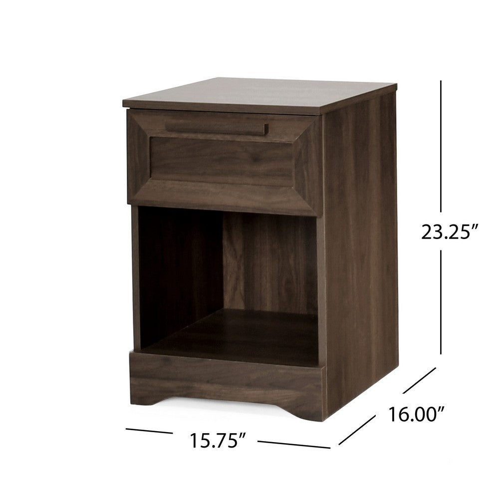 Benjara Vinie Nightstand with 1 Drawer And Open Shelf, Modern Walnut Brown