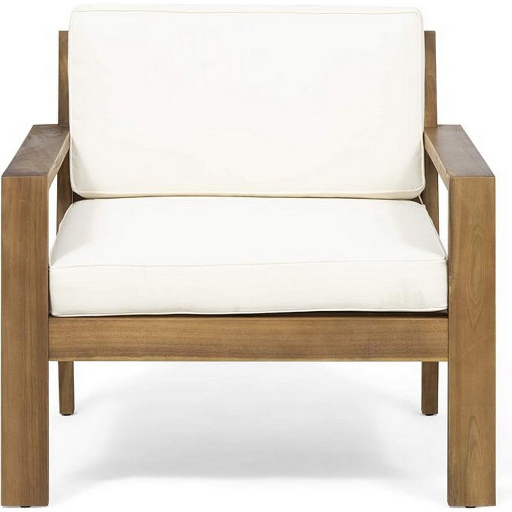 Benjara Outdoor Accent Chair, Slat Panel, Wire Brush Acacia Wood, Ivory Fabric