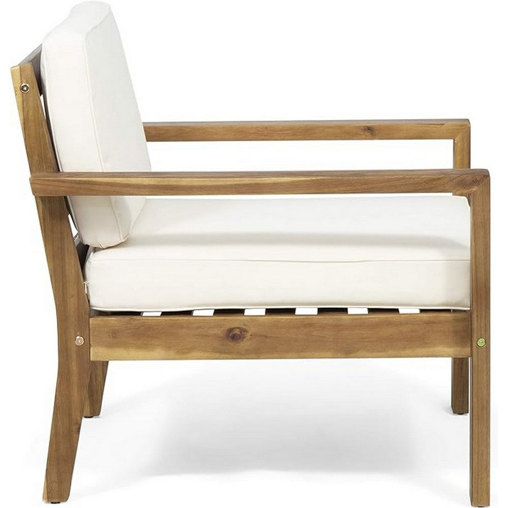 Benjara Outdoor Accent Chair, Slat Panel, Wire Brush Acacia Wood, Ivory Fabric